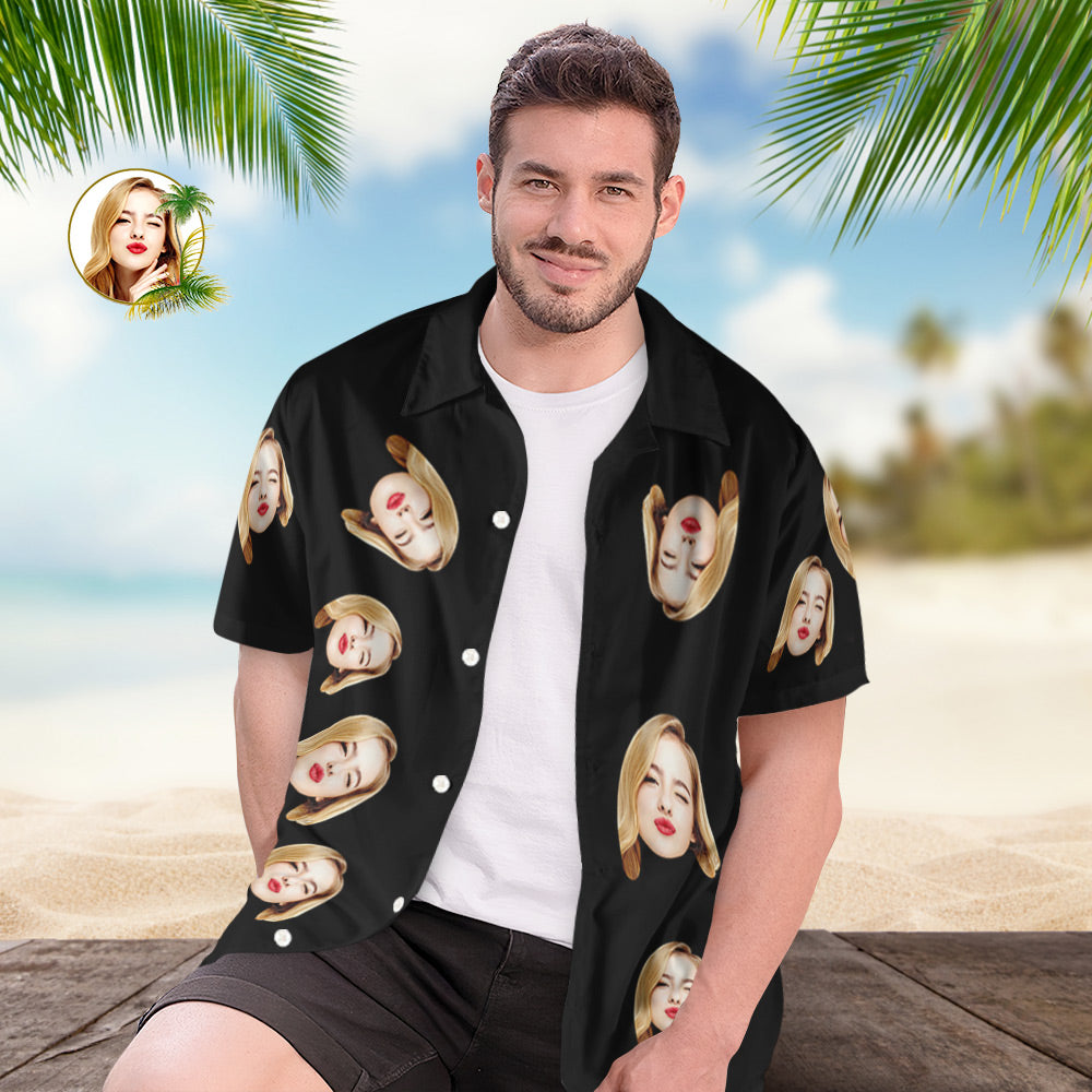 Custom Face Hawaiian Shirts Personalized Photos Funny Men's Shirt Gift Black - MyPhotoBoxerUk