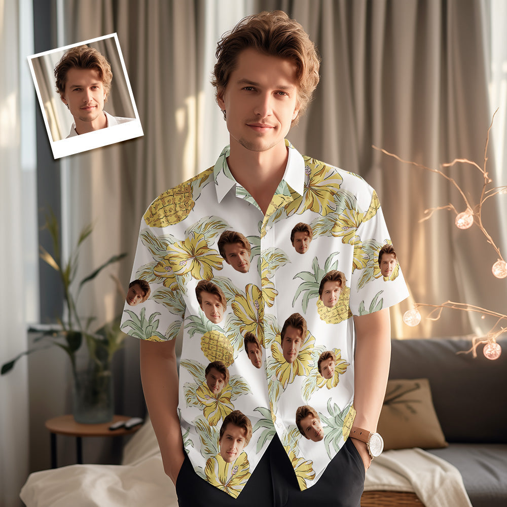Custom Face Hawaiian Shirts Personalized Photos Hawaiian Flowers and Pineapples Men's Shirt Gift - MyPhotoBoxerUk