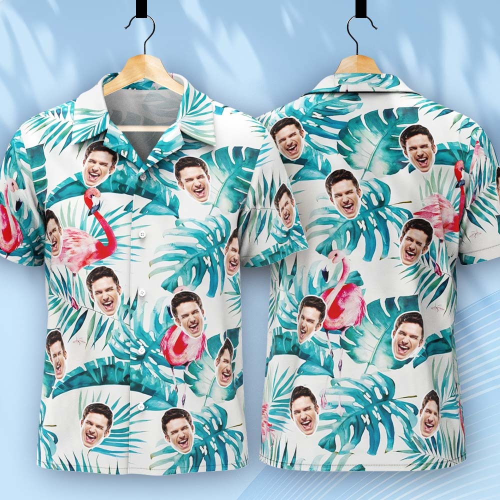 Custom Face Hawaiian Shirt Summer Flamingo Green Leaves Face Hawaiian Shirt - MyPhotoBoxerUk
