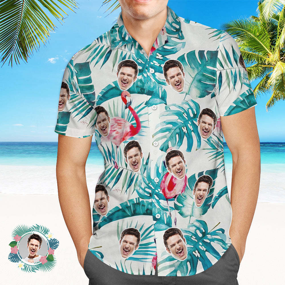 Custom Face Hawaiian Shirt Summer Flamingo Green Leaves Face Hawaiian Shirt - MyPhotoBoxerUk