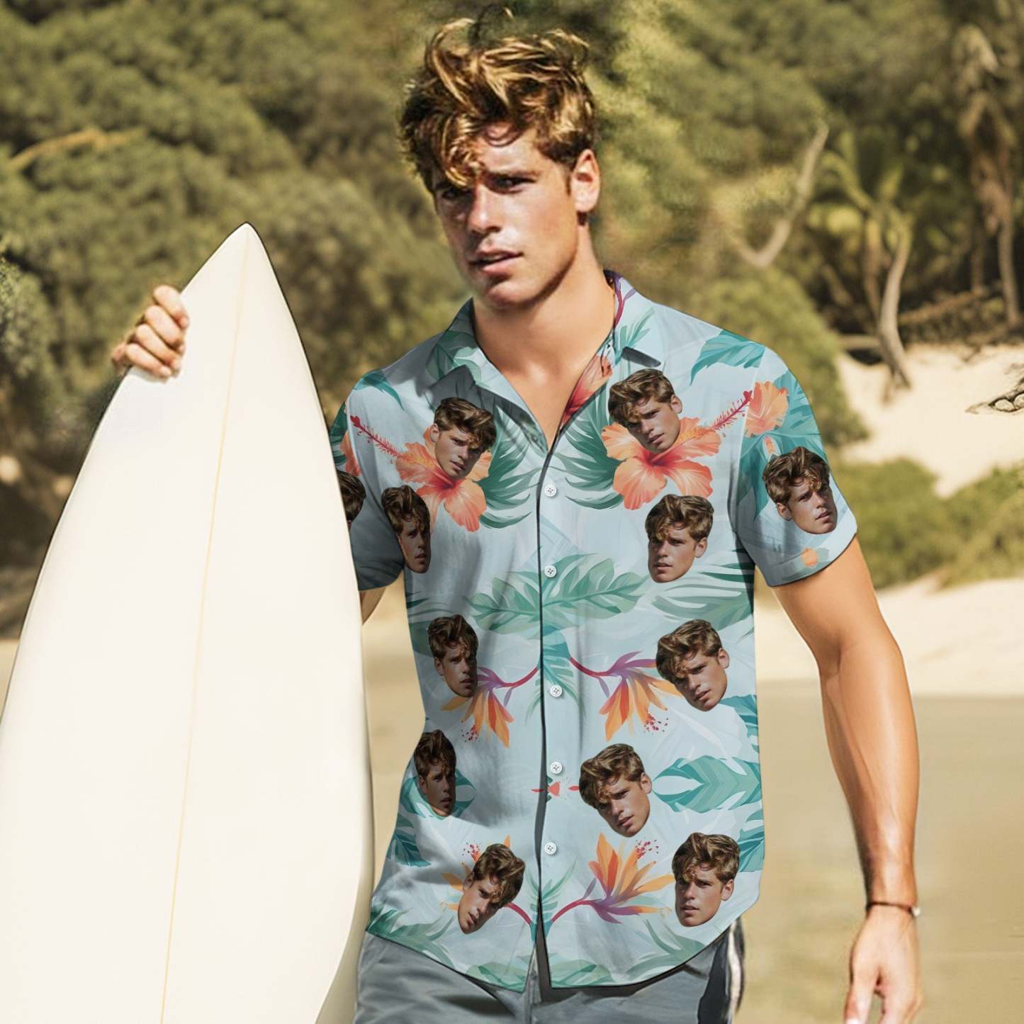 Custom Face Leaves Hawaiian Shirts Flamingo Hawaiian Shirt For Dad Father's Day Gift - MyPhotoBoxerUk