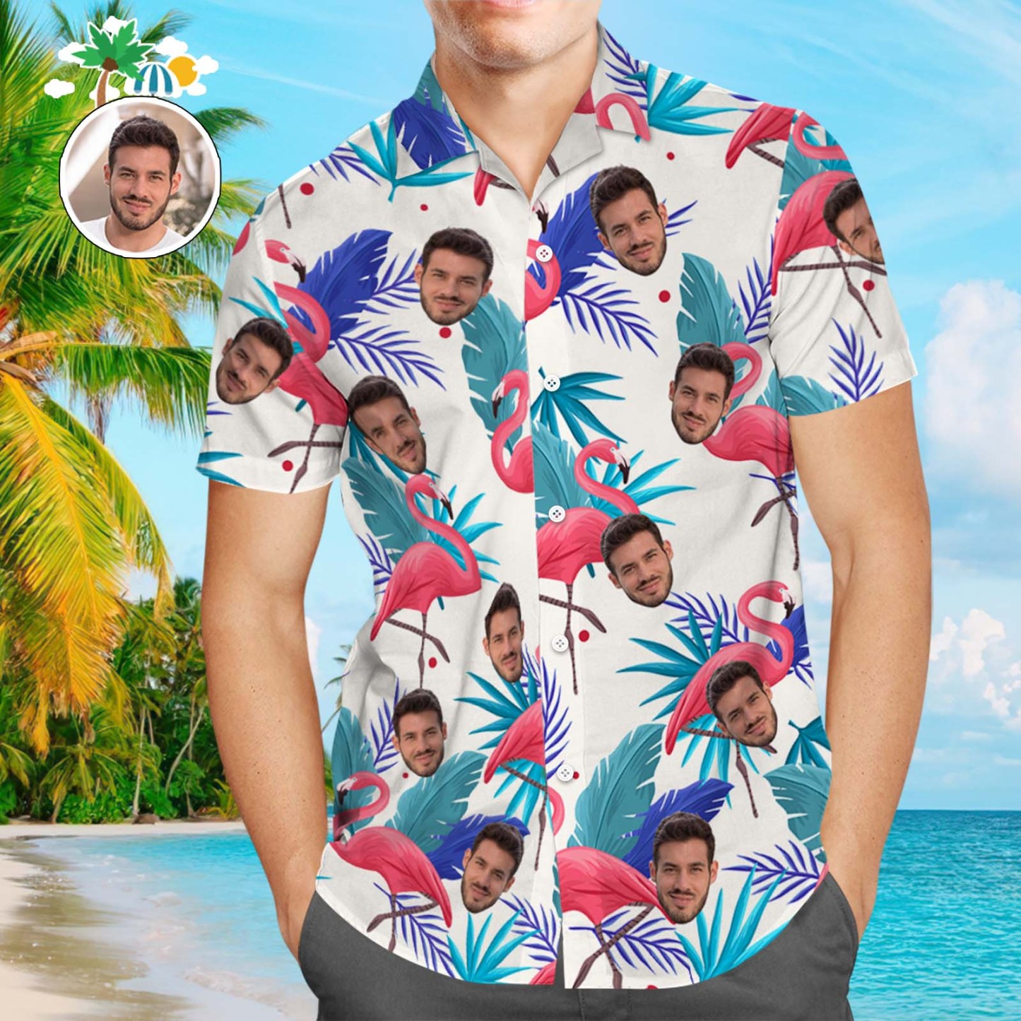 Men's Custom Face Shirt Hawaiian Shirt Short Sleeve Flamingo Tropical Leaves
