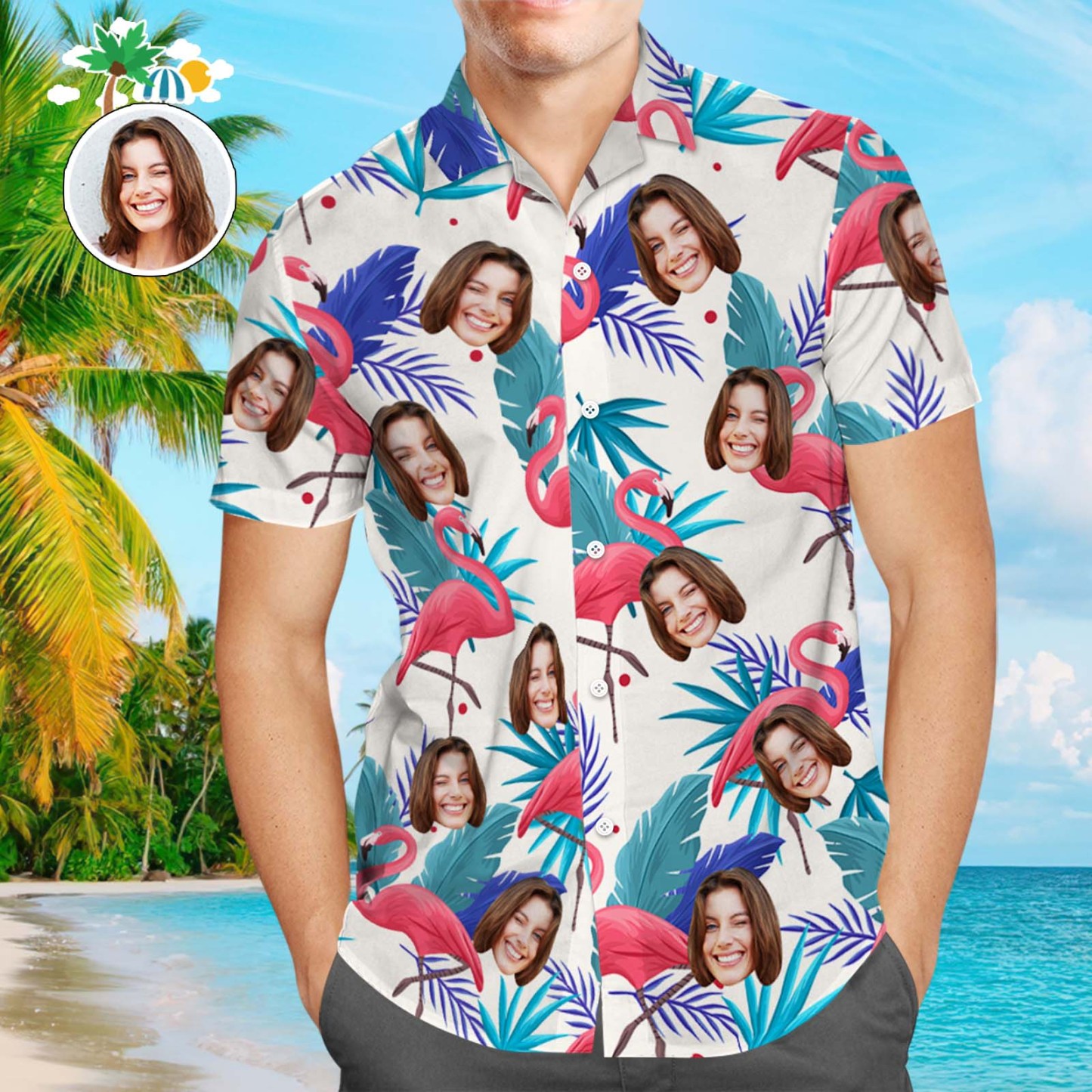 Men's Custom Face Shirt Hawaiian Shirt Short Sleeve Flamingo Tropical Leaves - MyPhotoBoxerUk