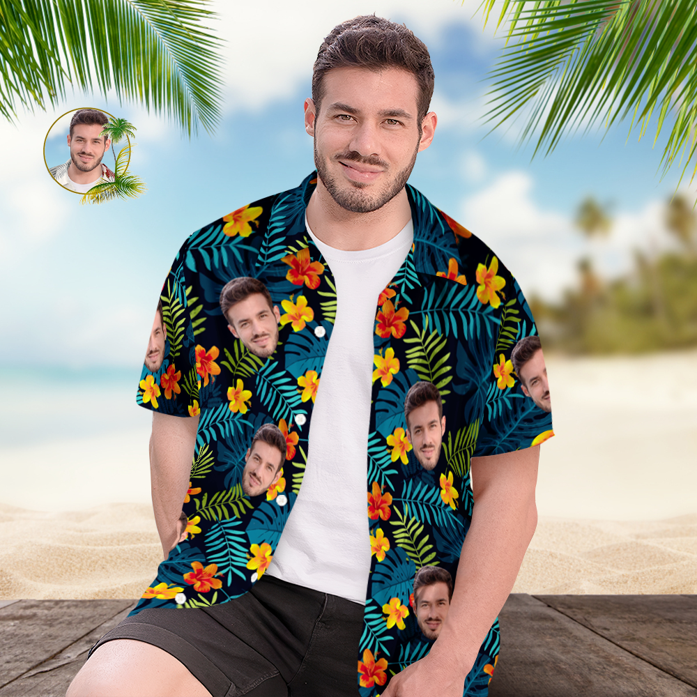 Custom Hawaiian Shirts Personalized Men's Face Hawaiian Shirts Vacation Party Gifts Leaves and Flowers - MyPhotoBoxerUk