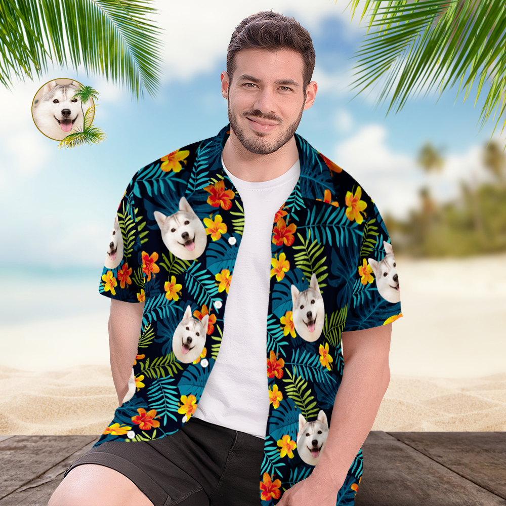 Custom Hawaiian Shirts Personalized Men's Face Hawaiian Shirts Vacation Party Gifts Leaves and Flowers - MyPhotoBoxerUk