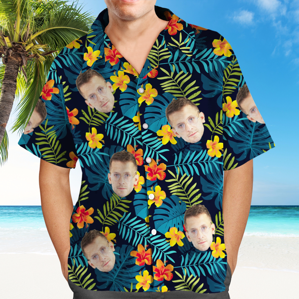Custom Hawaiian Shirts Personalized Men's Face Hawaiian Shirts Vacation Party Gifts Leaves and Flowers - MyPhotoBoxerUk
