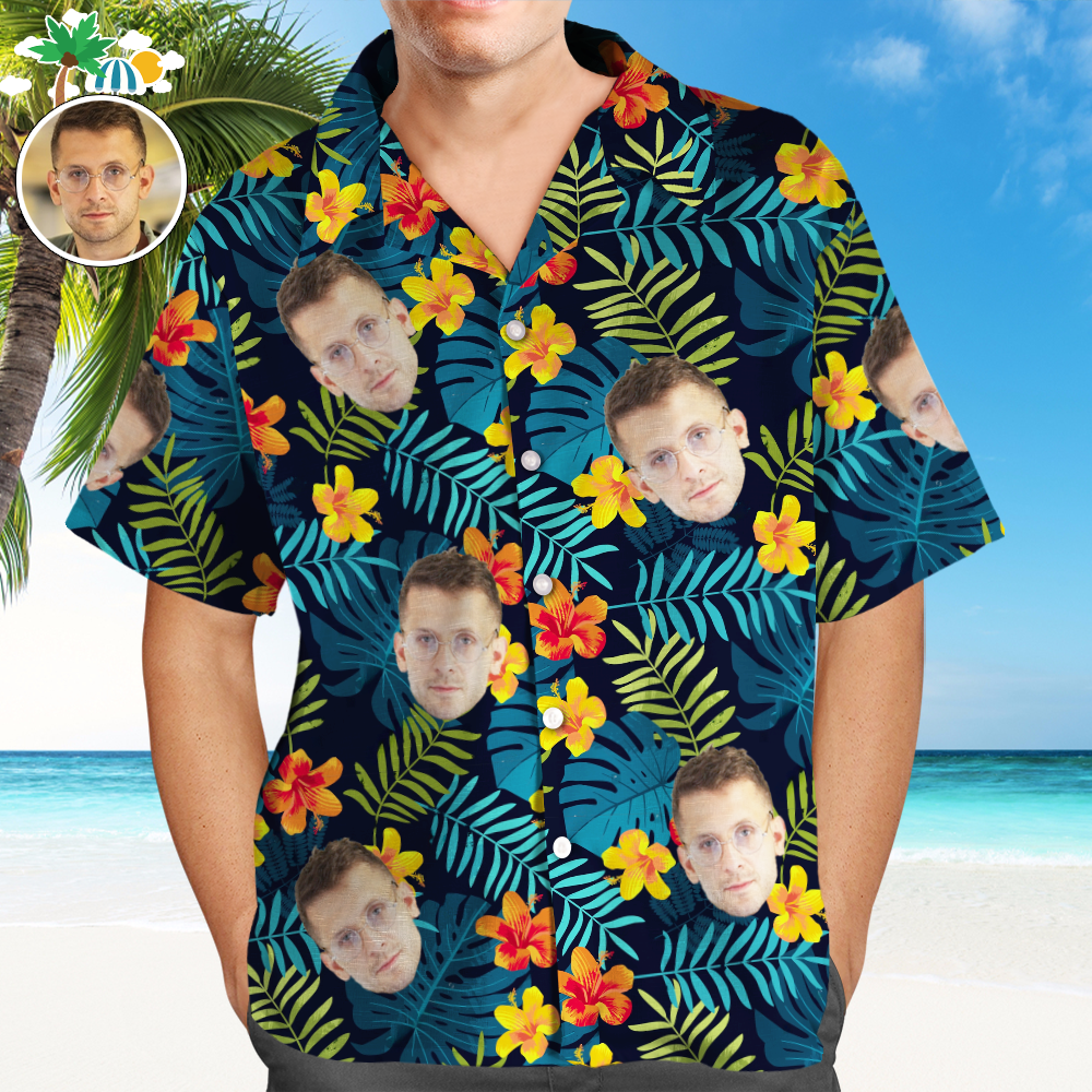 Custom Hawaiian Shirts Personalized Men's Face Hawaiian Shirts Vacation Party Gifts Leaves and Flowers - MyPhotoBoxerUk