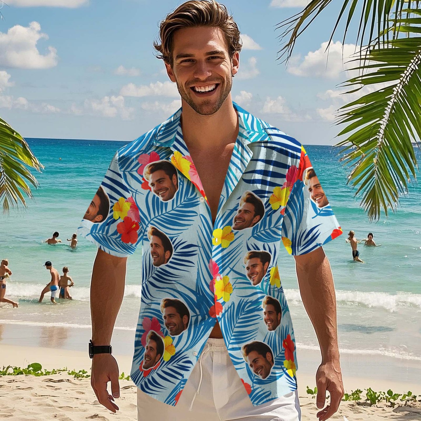 Custom Face Hawaiian Shirts Floral and Leaf Patterned Shirts Perfect for Summer Vacation Clothes Gifts for Men