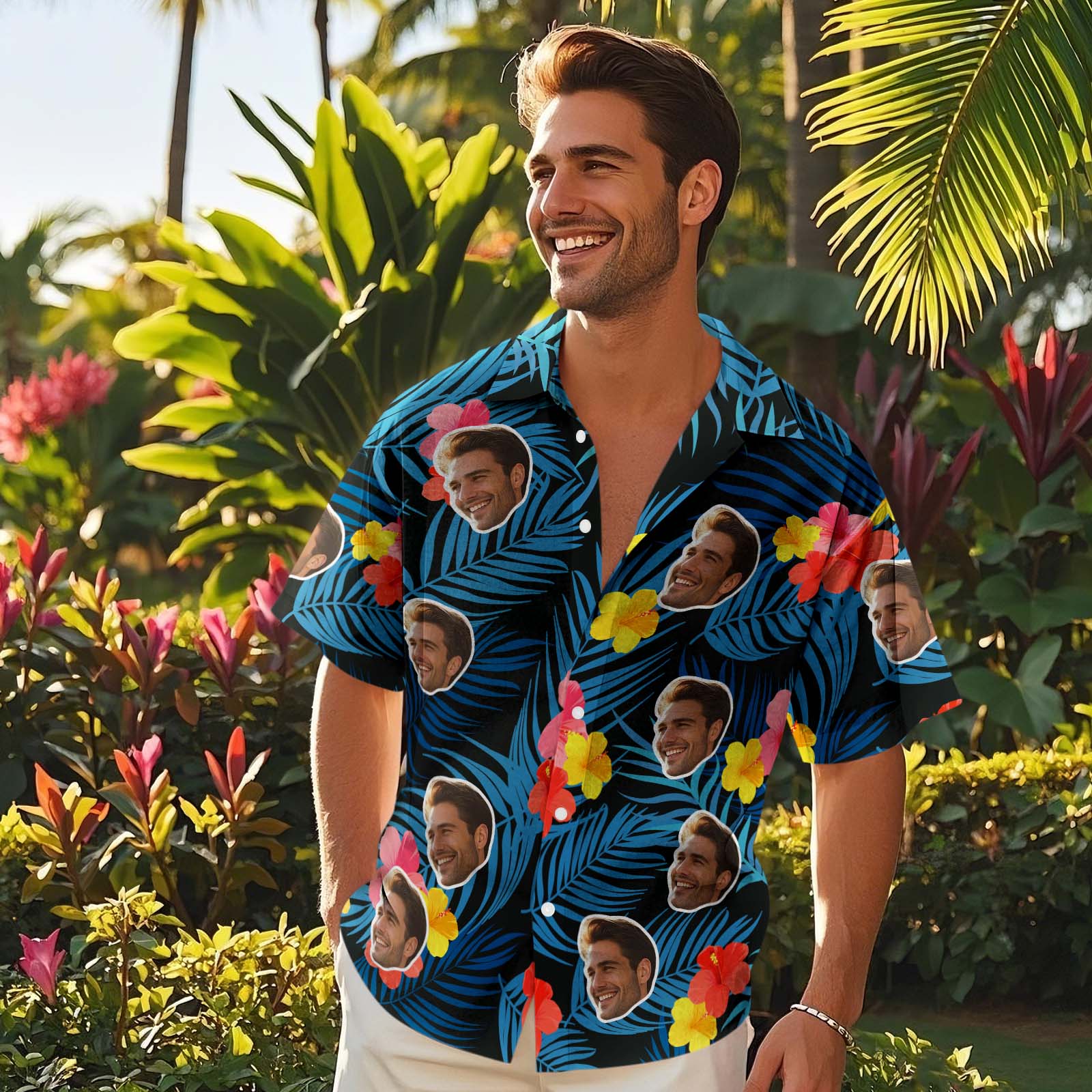 Custom Face Hawaiian Shirts Floral and Leaf Patterned Shirts Perfect for Summer Vacation Clothes Gifts for Men
