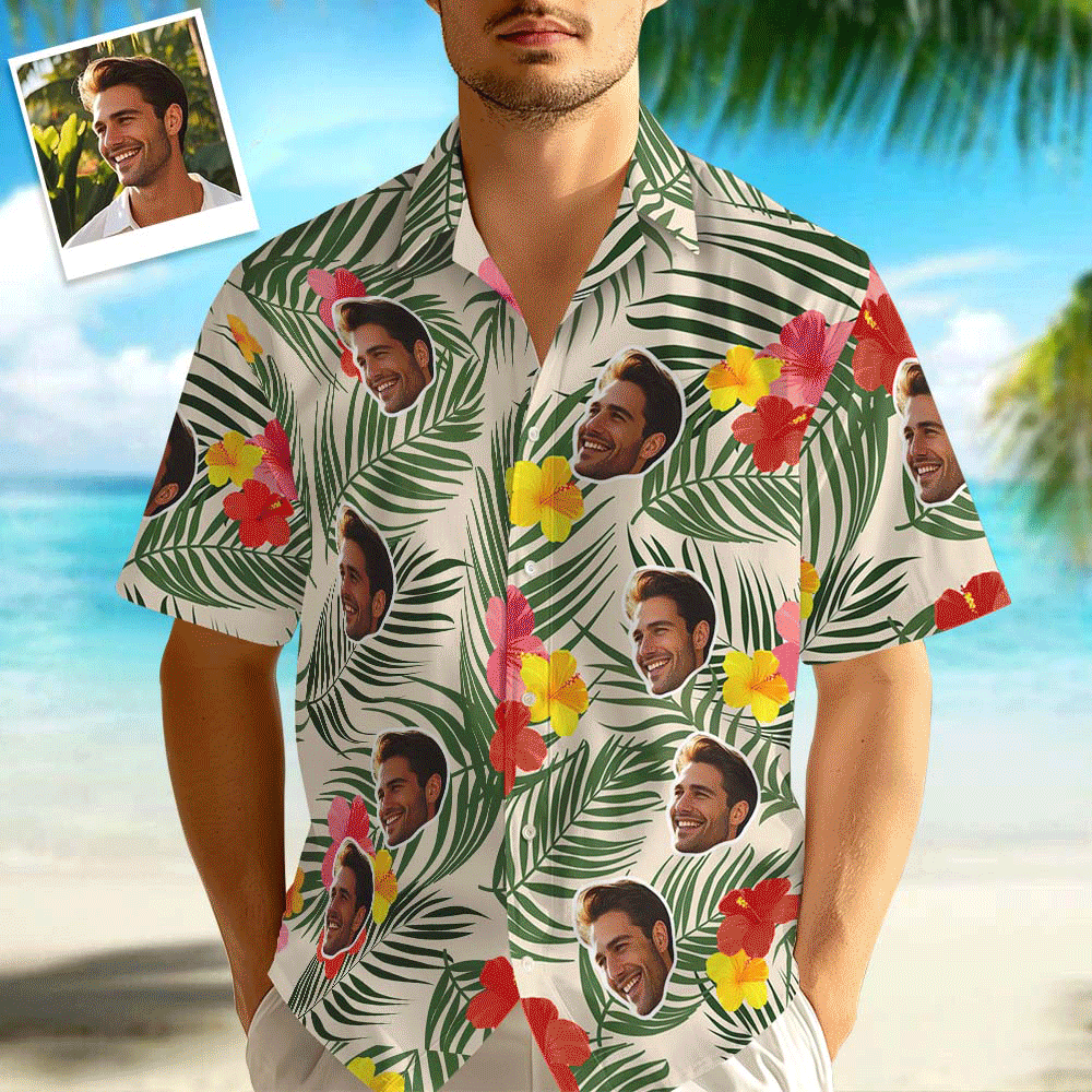 Custom Face Hawaiian Shirts Floral and Leaf Patterned Shirts Perfect for Summer Vacation Clothes Gifts for Men