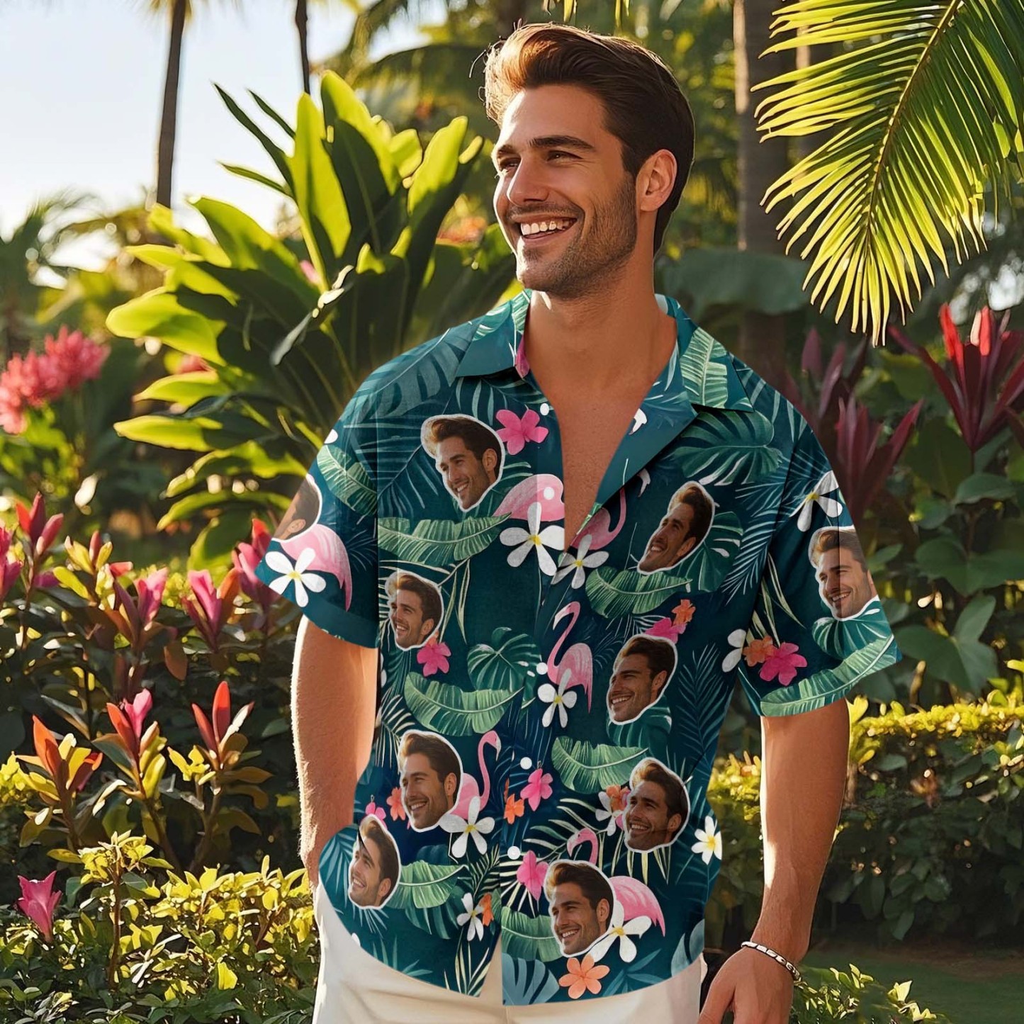 Custom Hawaiian Shirt Flamingo Flower Pattern Custom Face Hawaiian Shirt