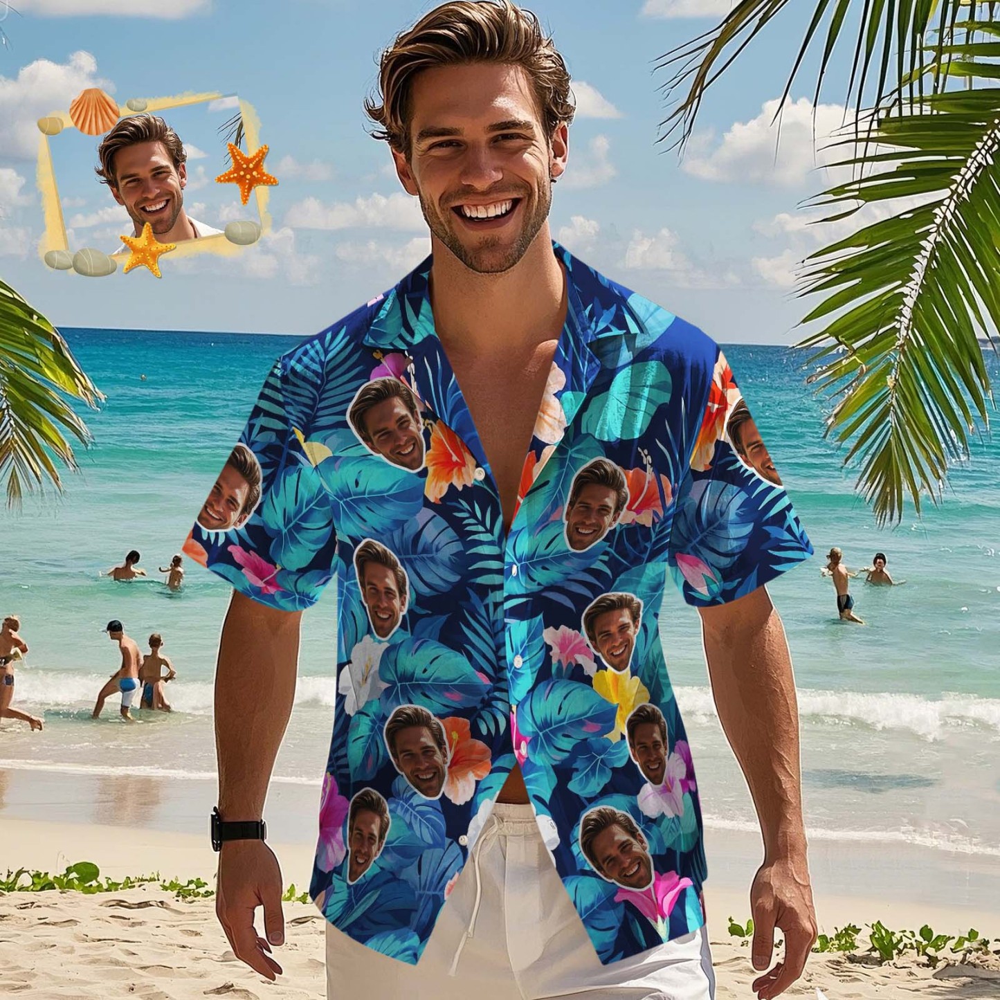  Custom Hawaiian Shirt Blue leaf Pattern Colorful Custom Face Hawaiian Shirt