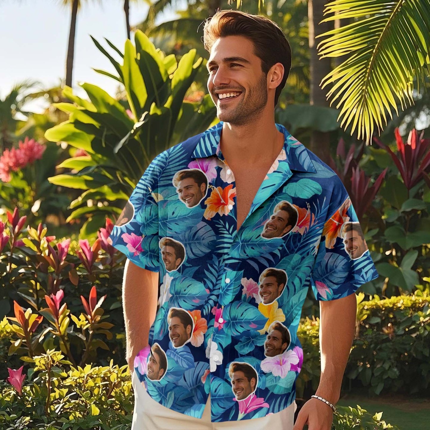  Custom Hawaiian Shirt Blue leaf Pattern Colorful Custom Face Hawaiian Shirt