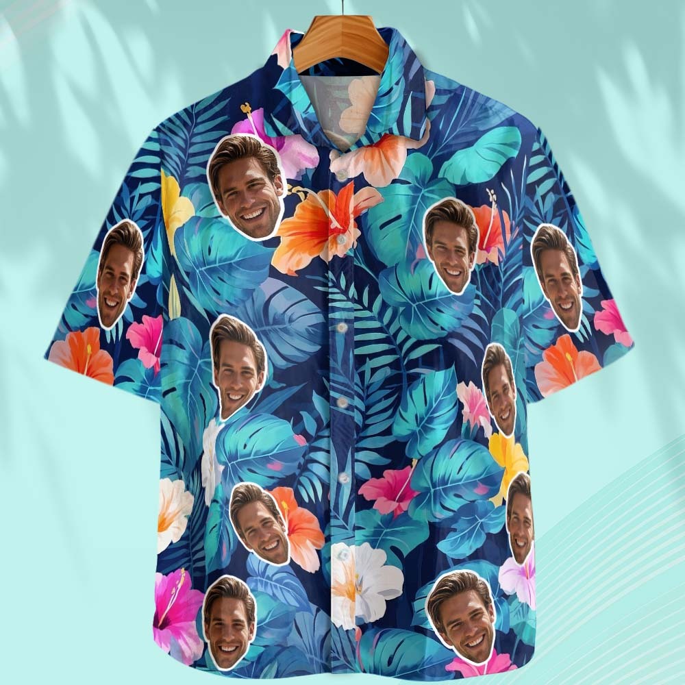  Custom Hawaiian Shirt Blue leaf Pattern Colorful Custom Face Hawaiian Shirt