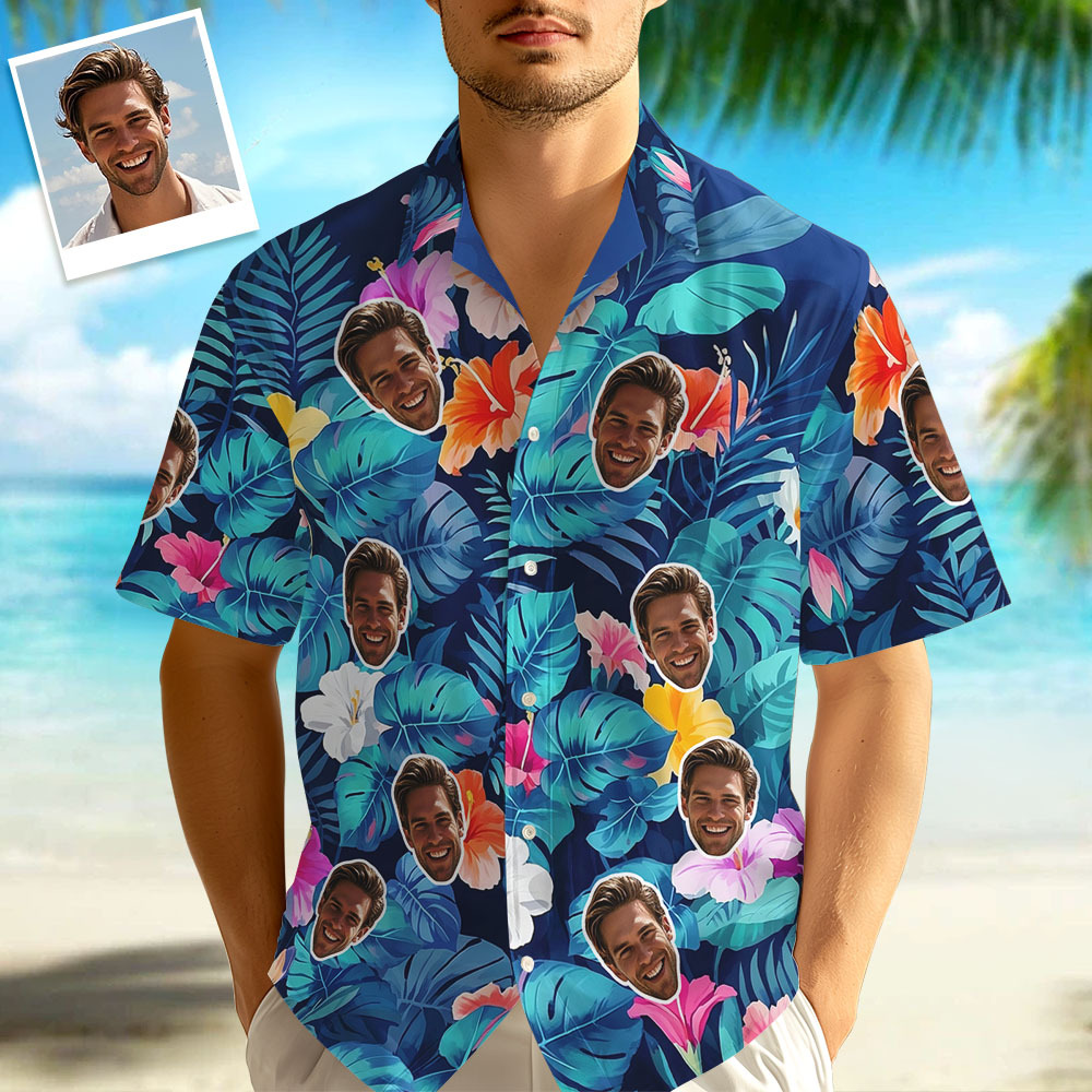  Custom Hawaiian Shirt Blue leaf Pattern Colorful Custom Face Hawaiian Shirt