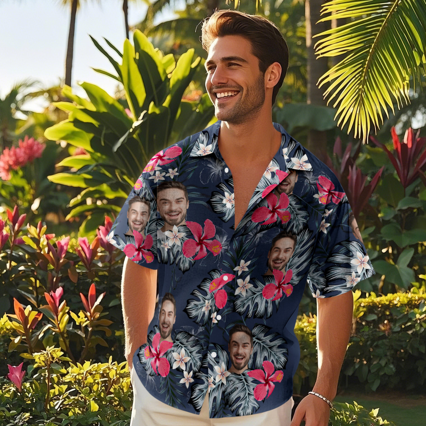 Custom Photo Hawaiian Shirt For Men, Husband  Red Hibiscus Hawaiian Shirt