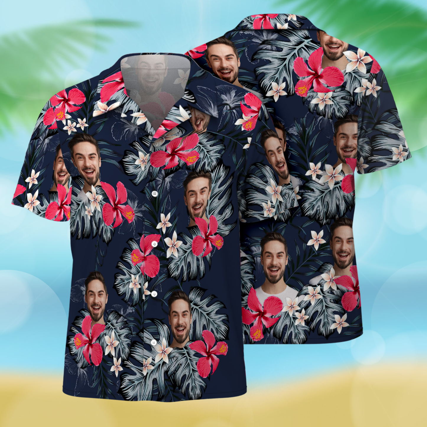 Custom Photo Hawaiian Shirt For Men, Husband  Red Hibiscus Hawaiian Shirt