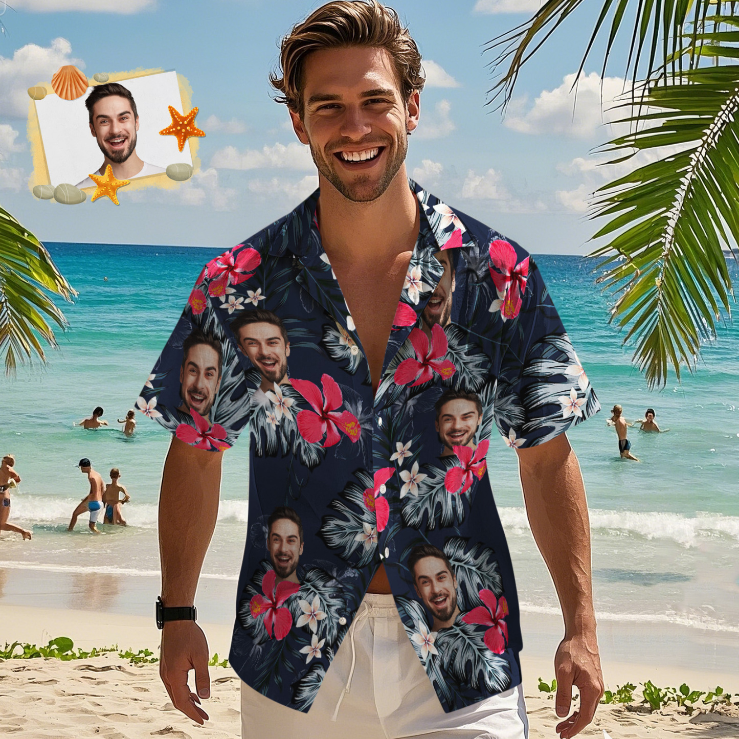 Custom Photo Hawaiian Shirt For Men, Husband  Red Hibiscus Hawaiian Shirt