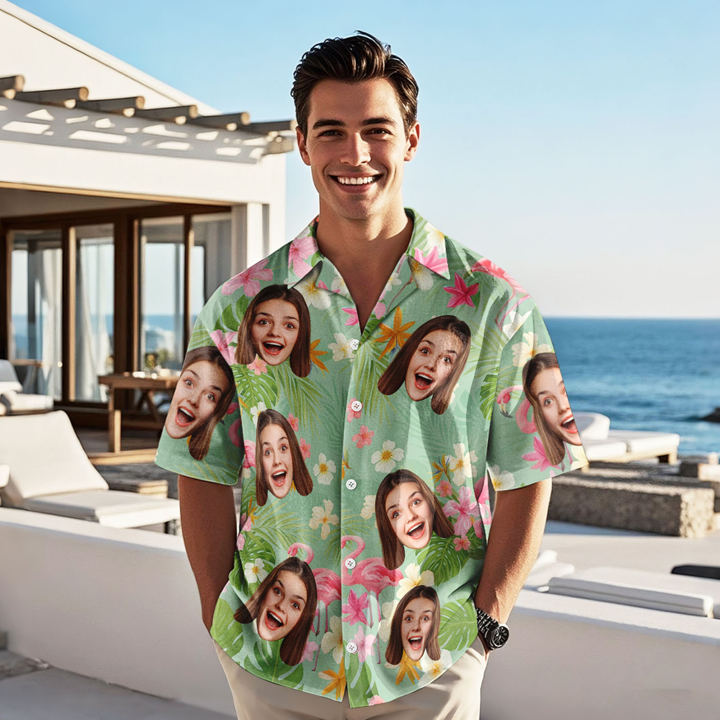 Custom Photo Summer Time Light Green & Pink Style Personalized Custom Unisex Tropical Hawaiian Aloha Shirt Summer Vacation Gift, Gift For Family Members
