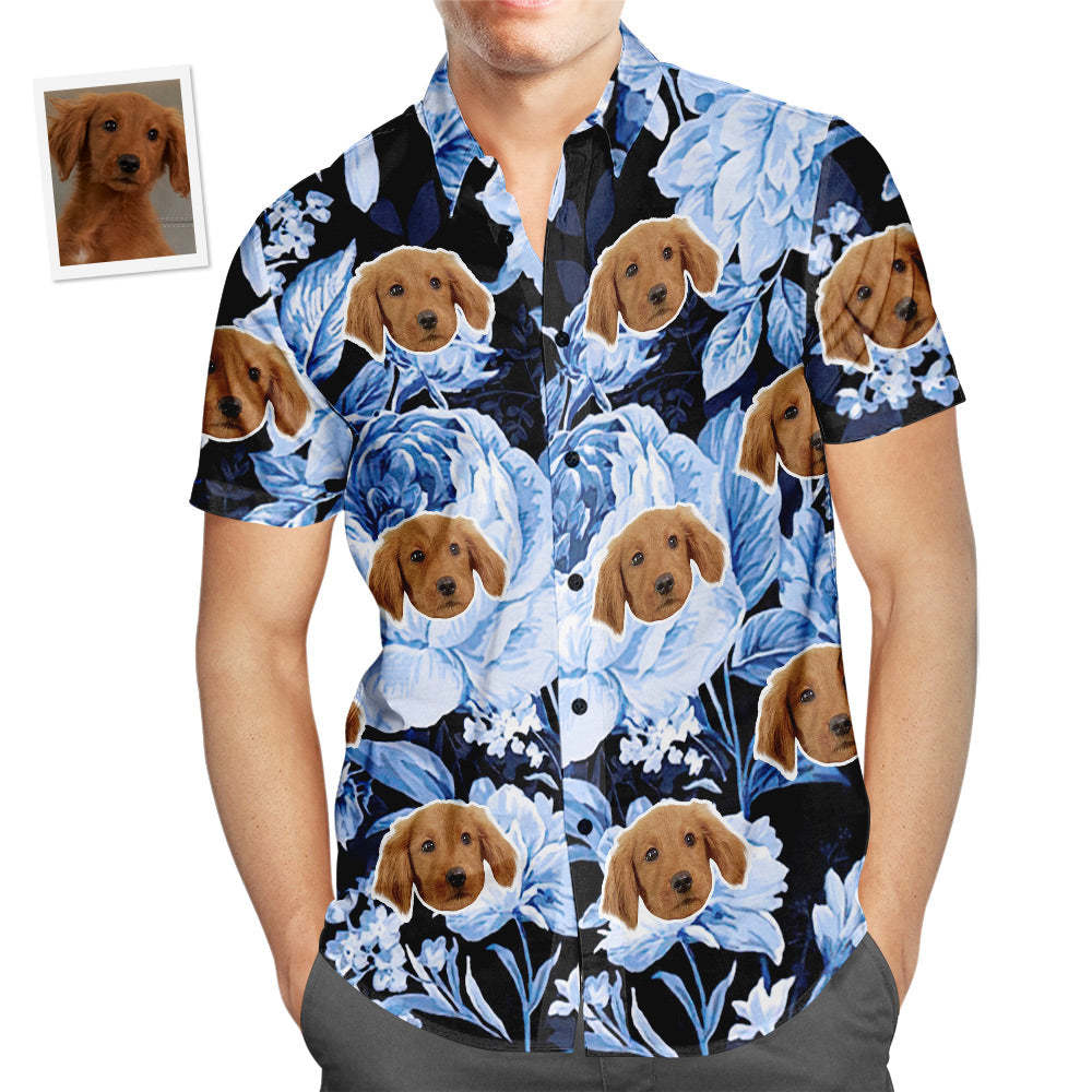 Custom Face Hawaiian Shirt Tropical Blue Retro Flower Men's Popular All Over Print Hawaiian Beach Shirt Holiday Gift - PetGiftsCustom