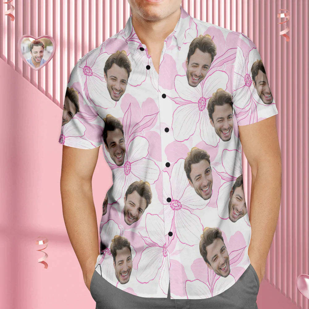 Custom Face Hawaiian Shirt Personalised Men's Photo Shirt Valentine's Day Gift For Him Pink Flower
