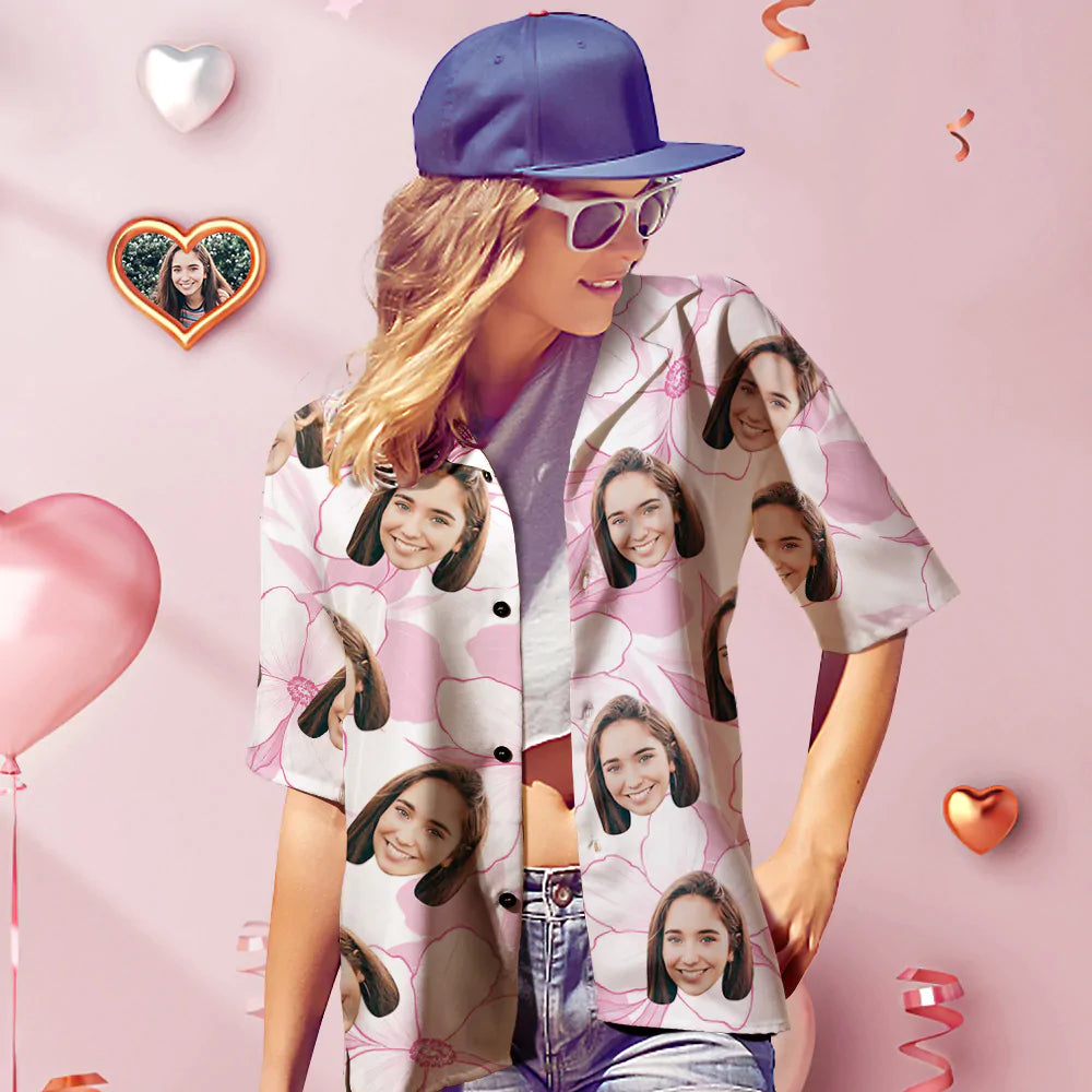 Custom Face Hawaiian Shirt Personalised Women's Photo Shirt Valentine's Day Gift for Her Pink Flower