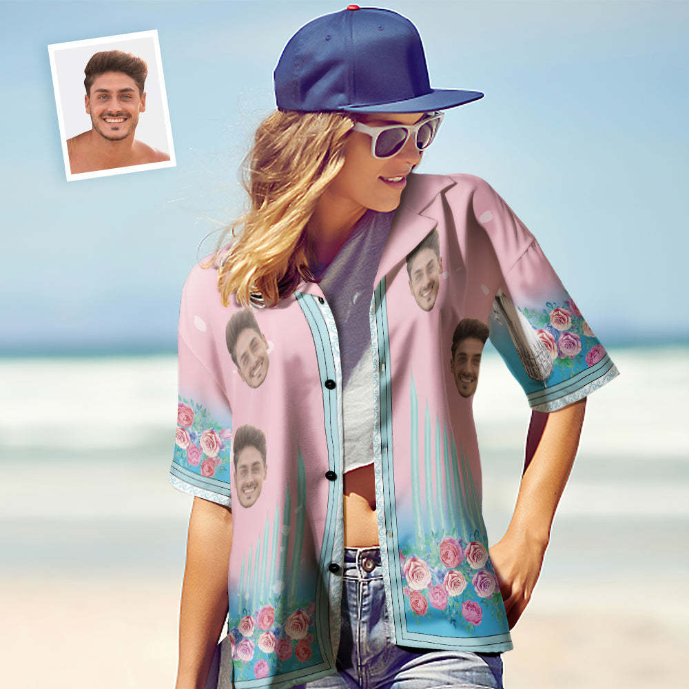 Custom Face Hawaiian Shirts Personalised Couple Floral Pink Holiday Beach Shirts Valentine's Day Gift