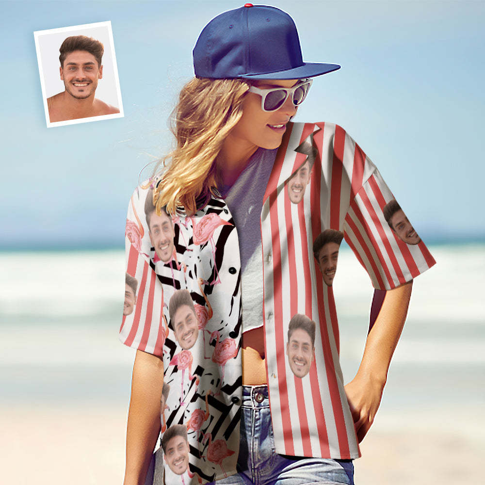 Custom Face Hawaiian Shirts Personalised Flamingo Shirts Casual Short Sleeve Valentine's Day Gift for Couple