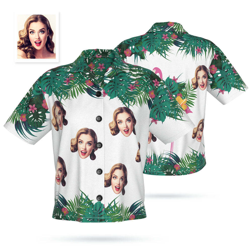 Custom Face Hawaiian Shirt For Women Personalised Women's Photo Shirt Greenery And Flamingo - MyFacepajamas