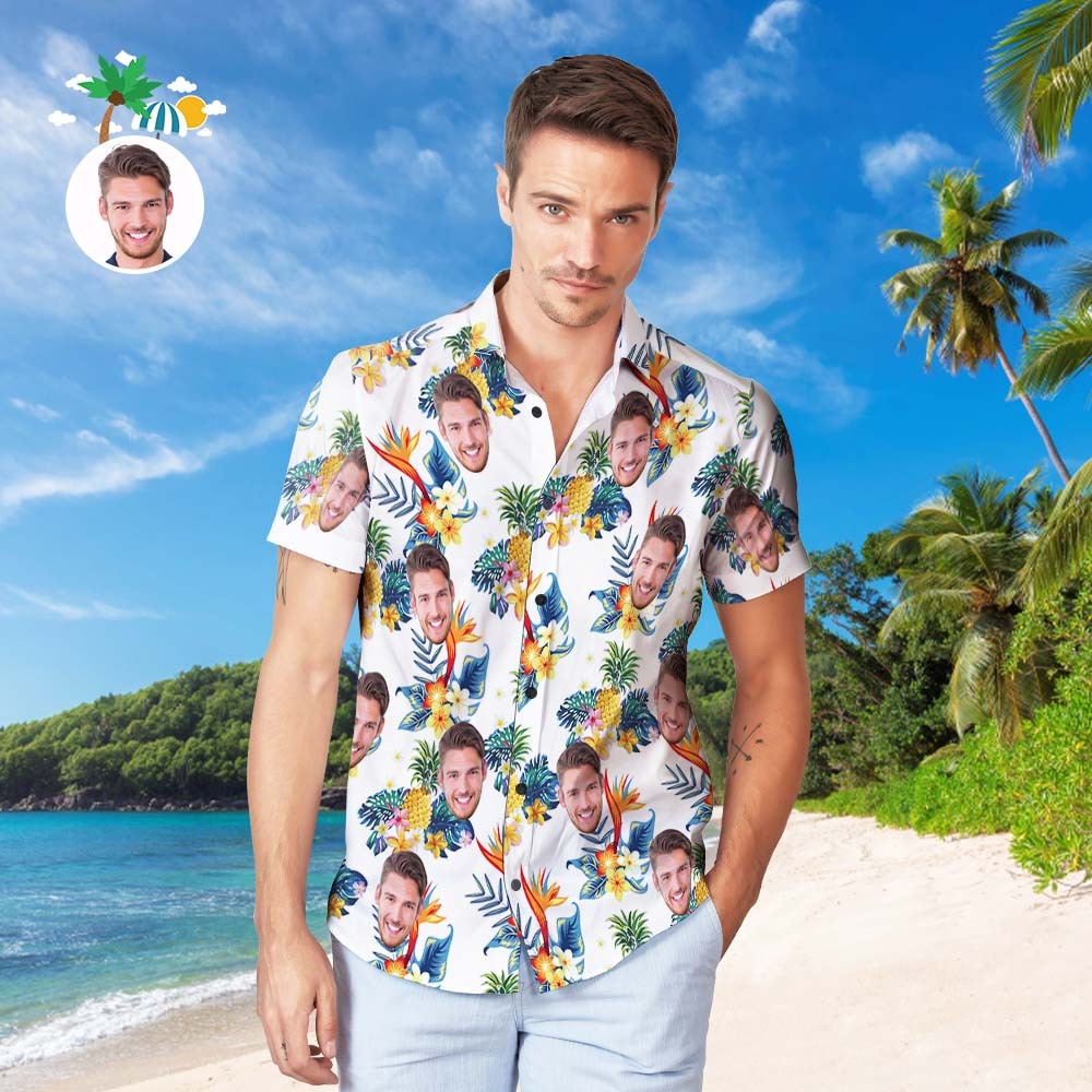 Custom Face Hawaiian Shirt Personalised Men's Photo Shirt Aloha Pineapple - MyPhotoBoxerUk