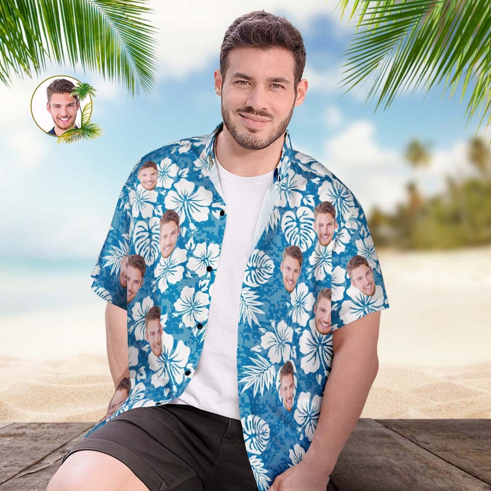 Custom Face Summer Hawaiian Shirt Personalised Men's Photo Blue Shirt - MyPhotoBoxerUk