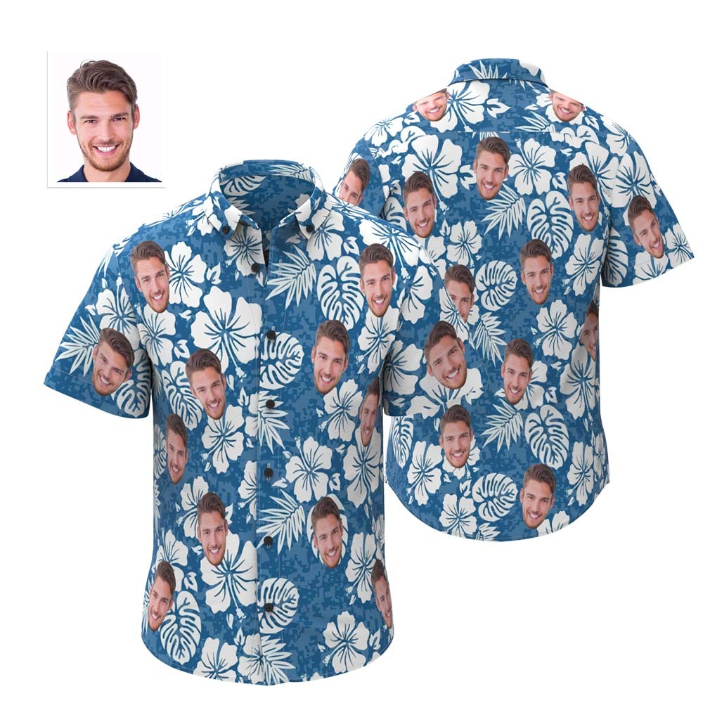 Custom Face Summer Hawaiian Shirt Personalised Men's Photo Blue Shirt - MyPhotoBoxerUk