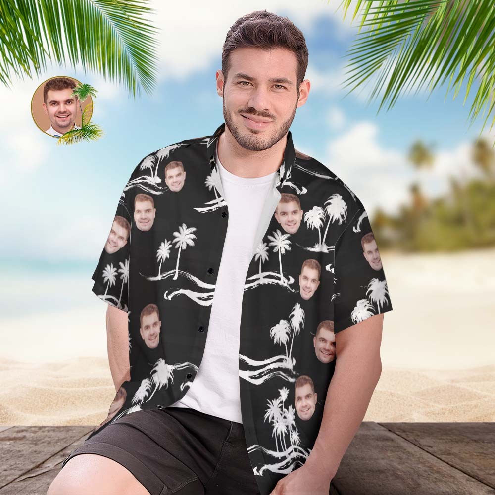 Custom Face Hawaiian Shirt Personalised Men's Photo Shirt Palm Trees And Waves - MyPhotoBoxerUk