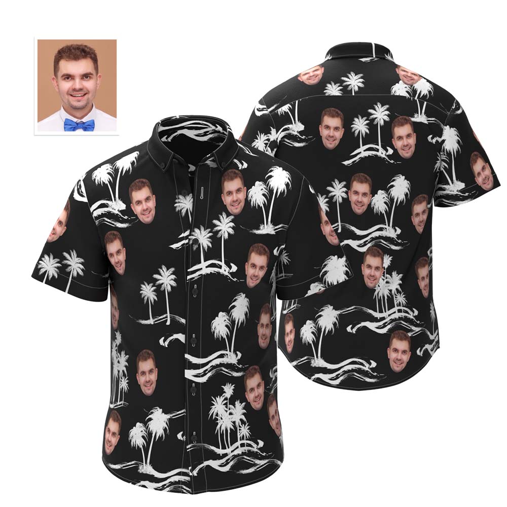 Custom Face Hawaiian Shirt Personalised Men's Photo Shirt Palm Trees And Waves - MyPhotoBoxerUk