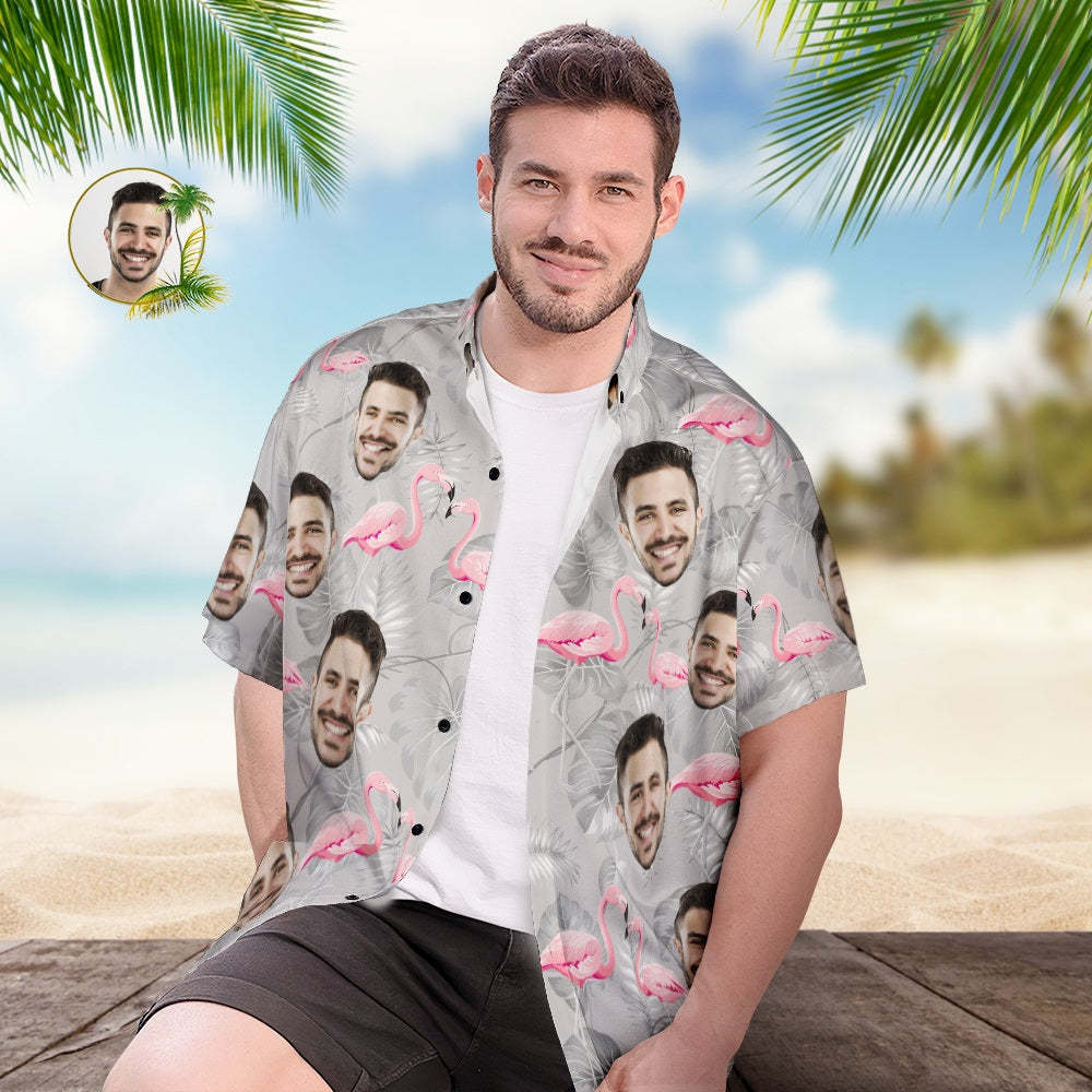 Custom Face Hawaiian Shirt Personalised Men's Photo Casual Resort Flamingo Print Shirt Vacation Party Gift - MyPhotoBoxerUk