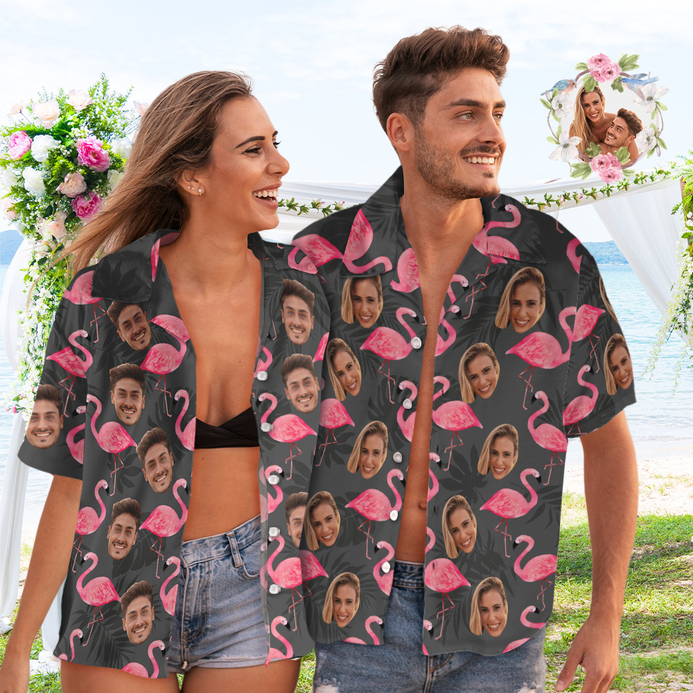 Custom Face Couple Matching Hawaiian Shirts Flamingo & Monstera Leaves Weddging Gift