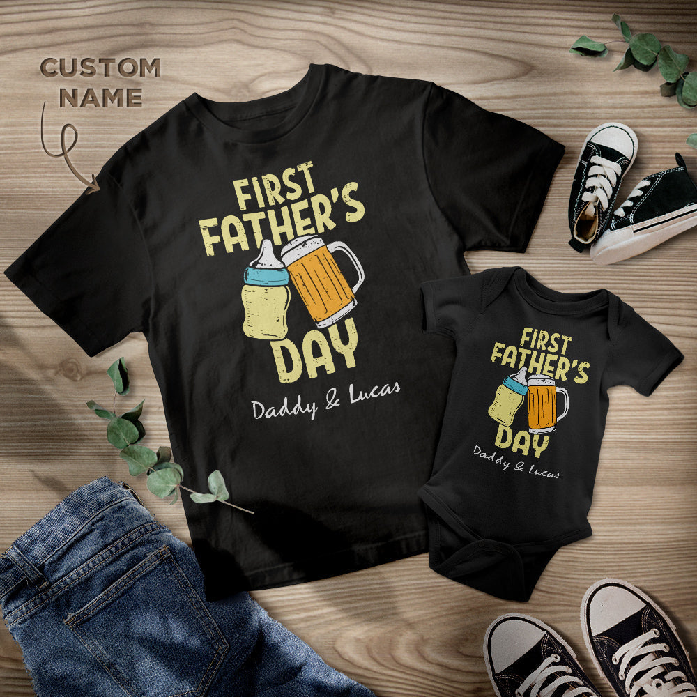 Custom Name Shirt First Father's Day Gifts For Dad Baby Bottle Daddy And Baby Matching Outfits