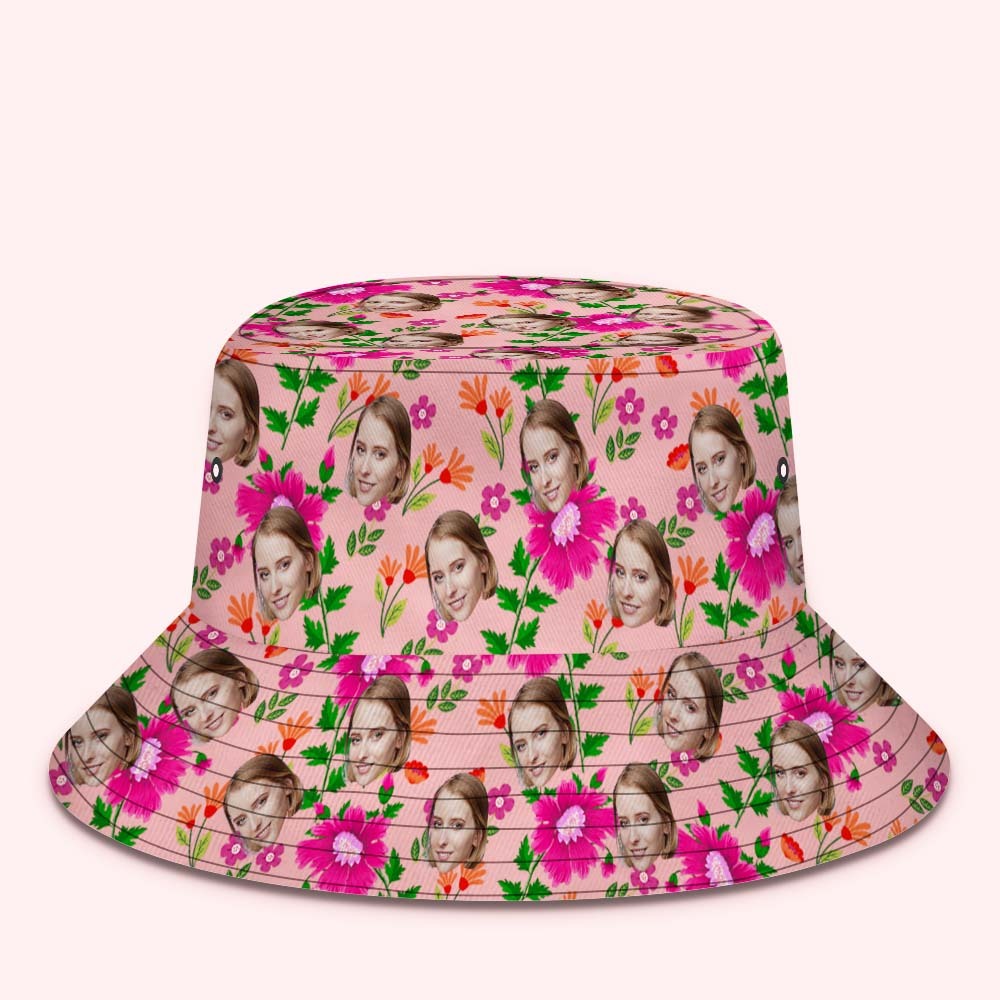 Custom Bucket Hat Unisex Face Bucket Hat Pink Flowers and Green Leaves - MyPhotoBoxerUk