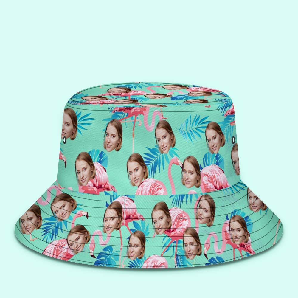Custom Face Bucket Hat Flamingo Tropical Hat With Allover Printed Green and Palm Leaves - MyPhotoBoxerUk