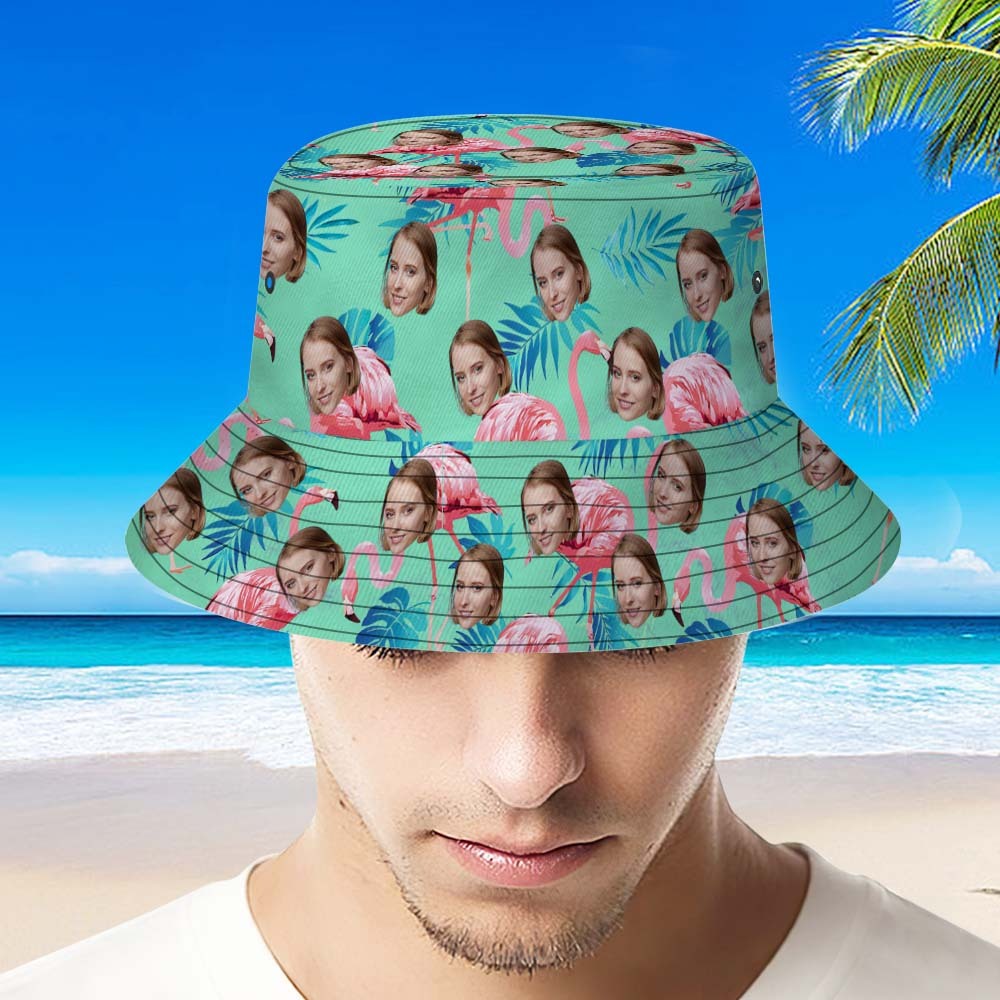 Custom Face Bucket Hat Flamingo Tropical Hat With Allover Printed Green and Palm Leaves - MyPhotoBoxerUk