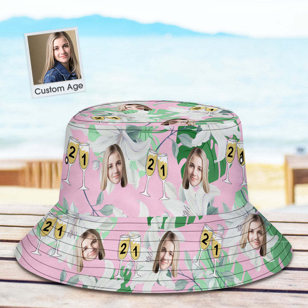 Custom Face Bucket Hat Number in Wine Glass Pink And Green Sleeves Face Bucket Hat Gift for Him - MyPhotoBoxerUk
