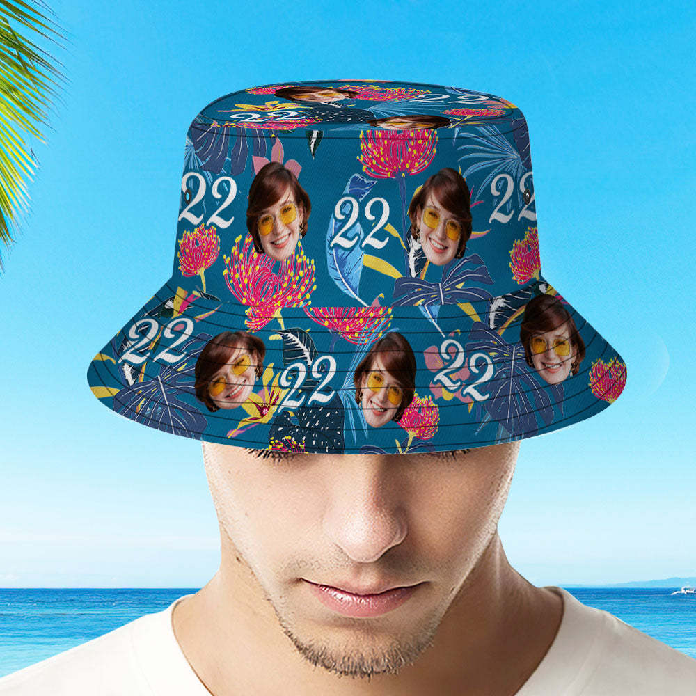 Custom Face Bucket Hat Number and Face hat Dark Blue Sleeves and Pink Flowers - MyPhotoBoxerUk