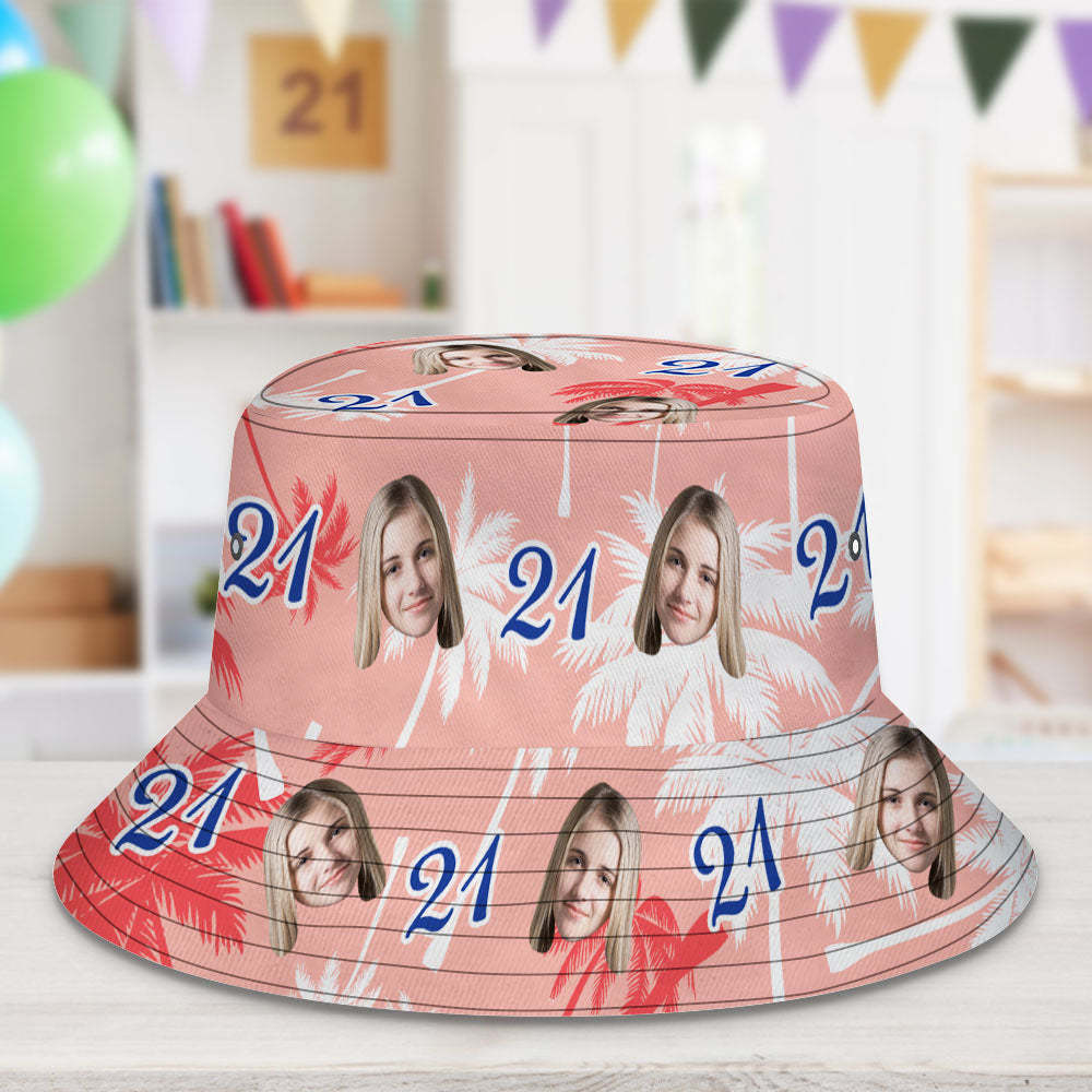 Custom Face And Number Birthday Bucket Hat Red And White Coconut Tree Hat - MyPhotoBoxerUk