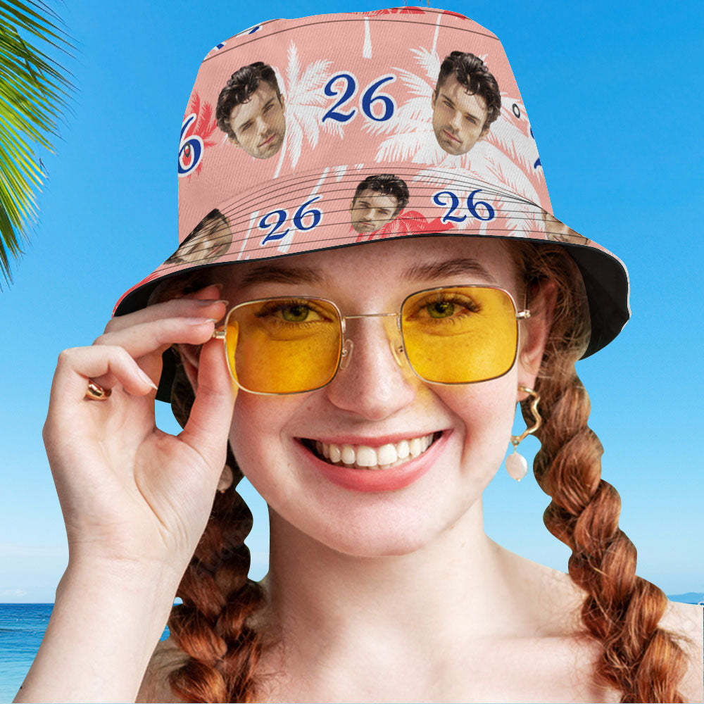 Custom Face And Number Birthday Bucket Hat Red And White Coconut Tree Hat - MyPhotoBoxerUk