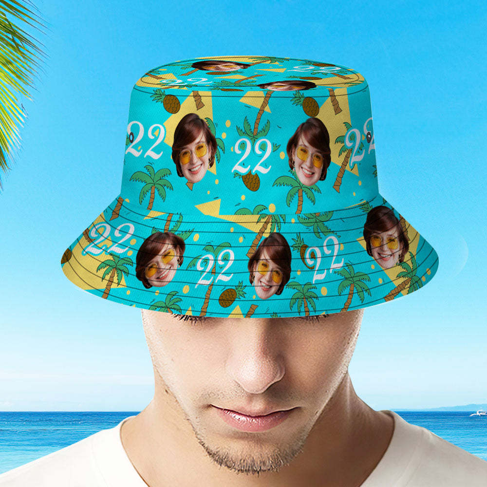 Custom Multi-color Face and Numbers BucketHat Coconut Tree and Pineapple Gift for Men - MyPhotoBoxerUk