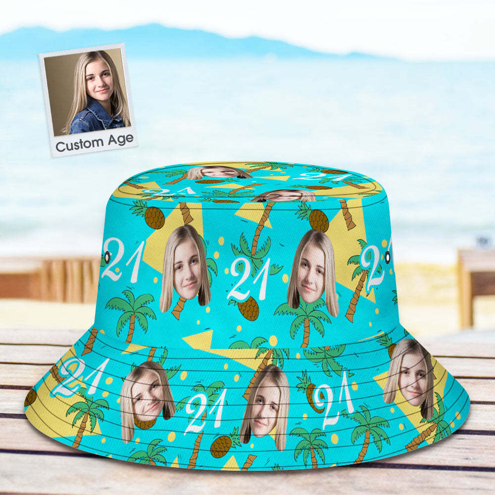 Custom Multi-color Face and Numbers BucketHat Coconut Tree and Pineapple Gift for Men - MyPhotoBoxerUk