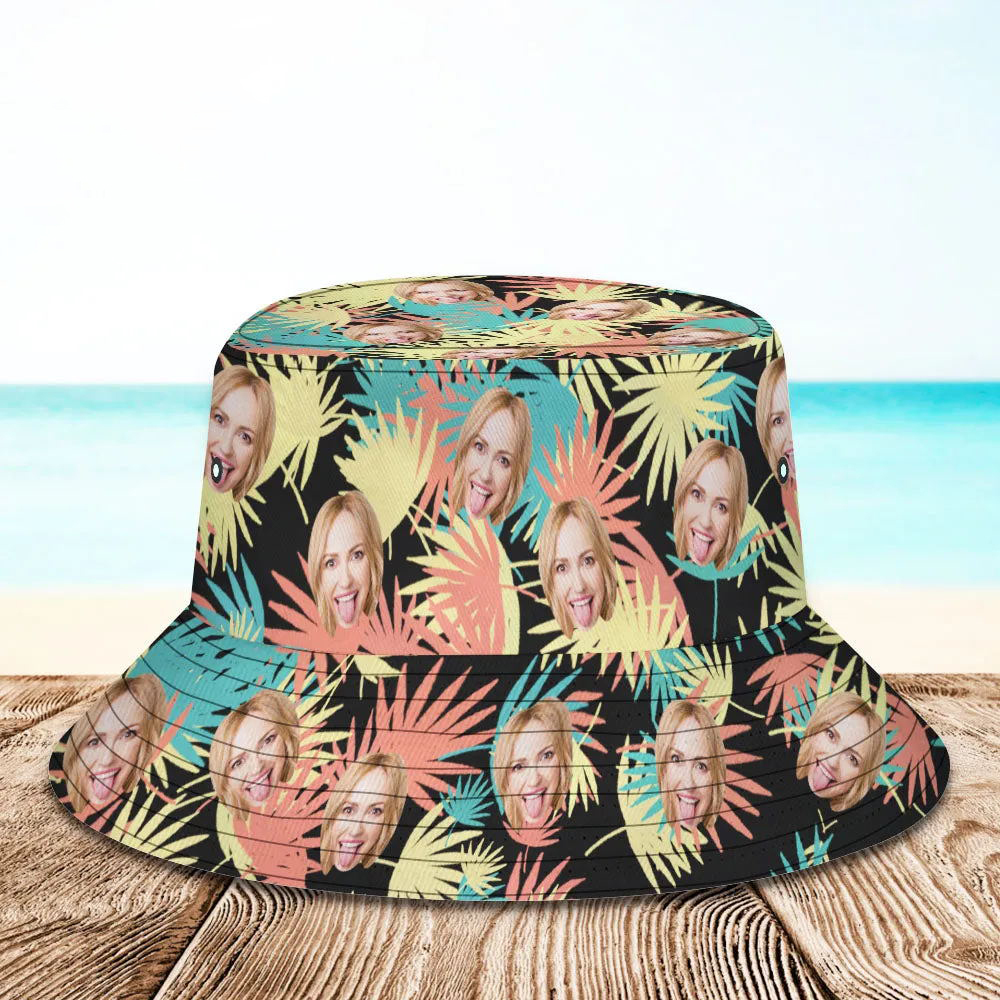 Custom Bucket Hat Personalized Face All Over Print Tropical Flower Print Hawaiian Fisherman Hat - Leaves