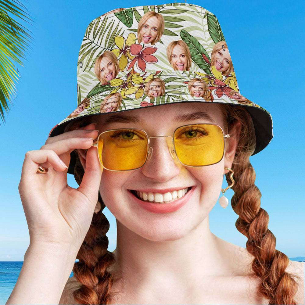 Custom Face Bucket Hat Unisex Personalized Photo Summer Cap Tropical Pattern Hiking Beach Hats Gift for Lover