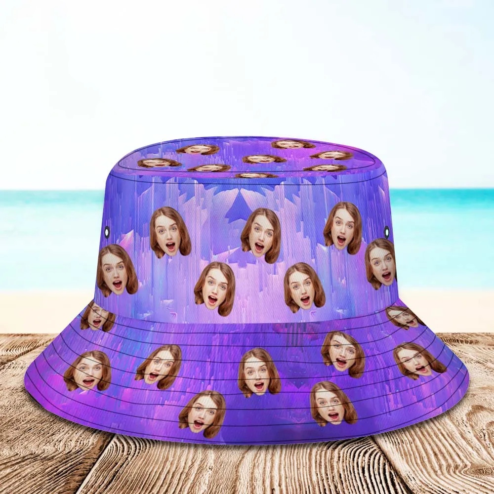 Custom Photo Bucket Hat Unisex Personalised Face Hiking Beach Sports Hats Purple and Blue Abstract Texture