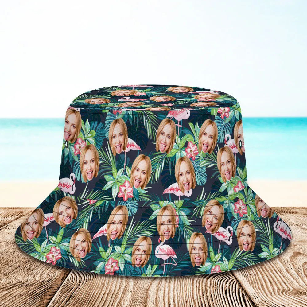 Custom Bucket Hat Personalized Face All Over Print Tropical Flower Print Hawaiian Fisherman Hat - Flamingo